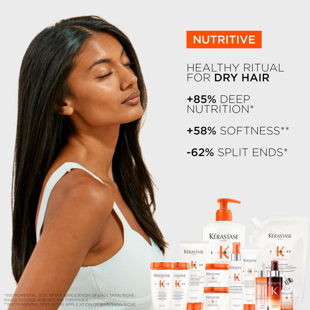 KÉRASTASE Nutritive Bain Satin Riche travel-size packaging on shelf.