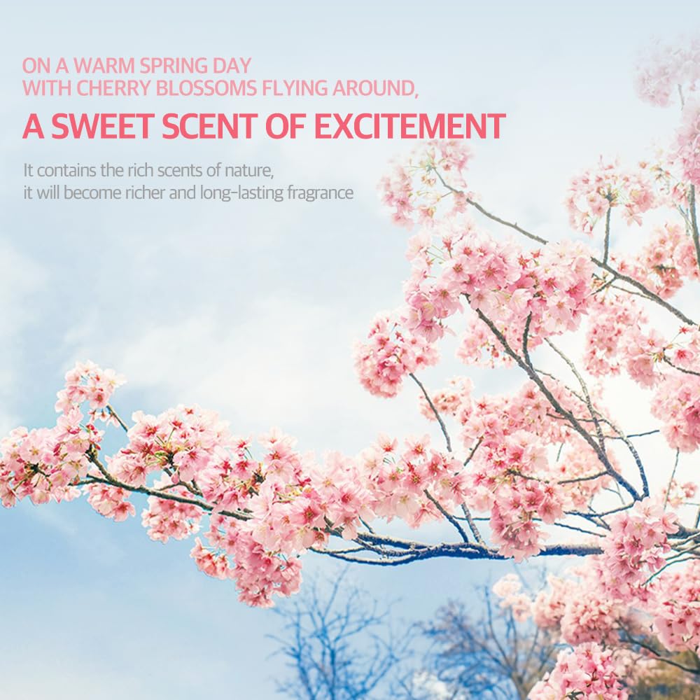 Pouring Kerasys Cherry Blossom Perfumed Shampoo releasing floral scent