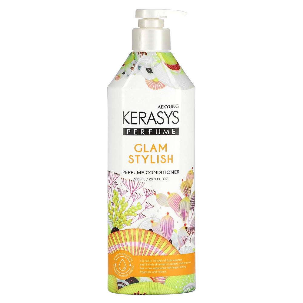Kerasys Perfume Glam Stylish conditioner bottle close-up for premium hair care.