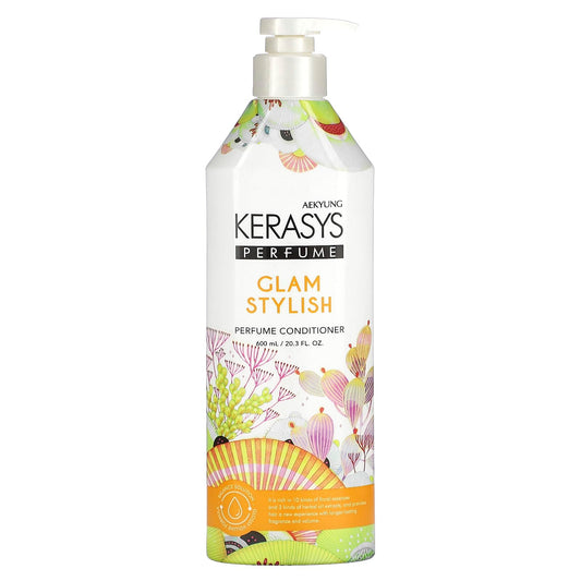 Kerasys Perfume Glam Stylish conditioner bottle close-up for premium hair care.