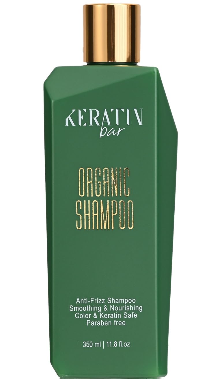 KERATIN BAR Organic Shampoo bottle closeup highlighting smoothing and frizz-control benefits.