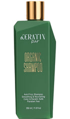 KERATIN BAR Organic Shampoo bottle closeup highlighting smoothing and frizz-control benefits.