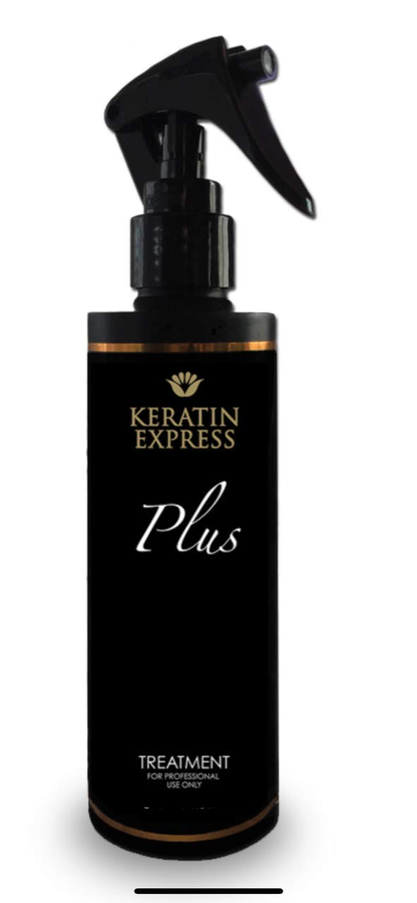 Keratin Express Plus 4 oz bottle on a counter for salon-grade smoothing.