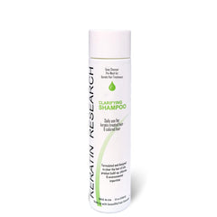 Keratin Research clarifying shampoo bottle ready for keratin treatment prep.