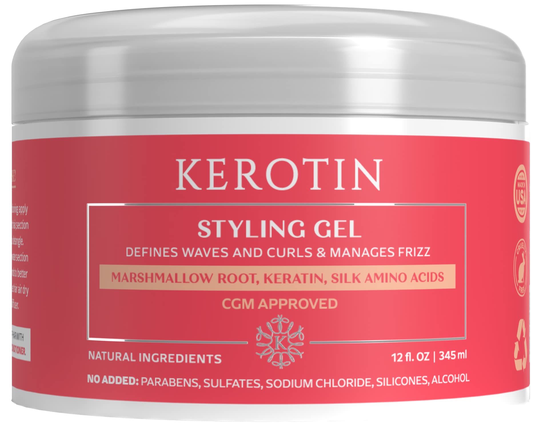 Kerotin Curly Defining Gel bottle front for easy styling and defined curls.