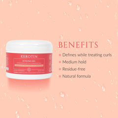 Kerotin Curly Defining Gel packaging box emphasizes clean ingredients and usage tips.