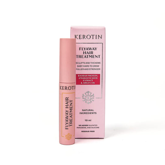 Kerotin Flyaway serum bottle pour for fast smoothing of flyaways.
