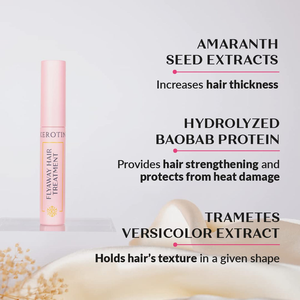 Kerotin Flyaway silicone-free and paraben-free formula for all hair types.