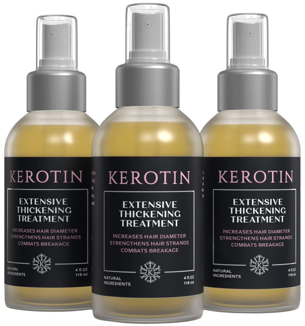 Kerotin Hair Thickening Spray bottle shows diameter boost for fine hair.