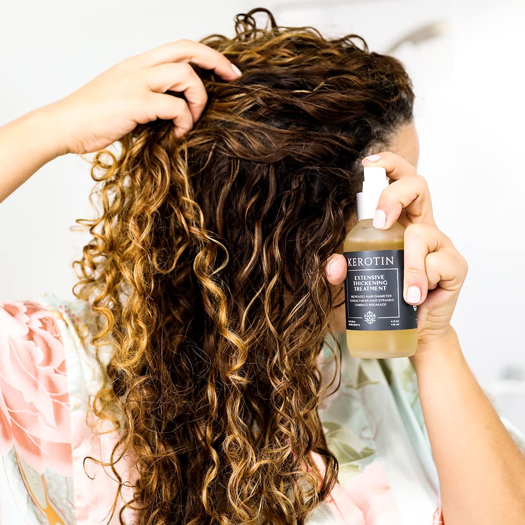 Close-up of Kerotin label highlighting keratin and natural ingredients.