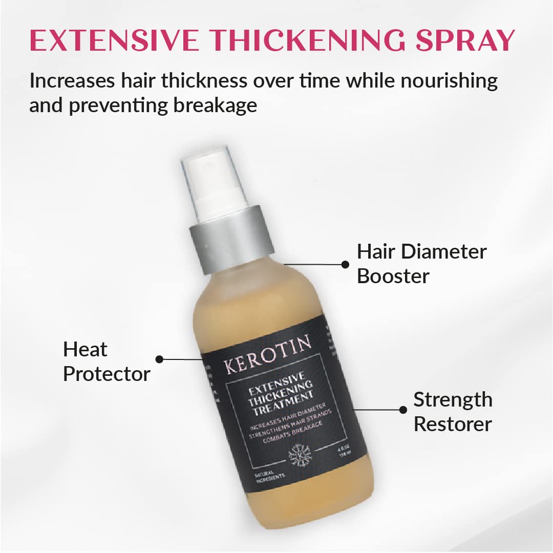 Kerotin Hair Thickening Spray mist on hair adds visible volume.