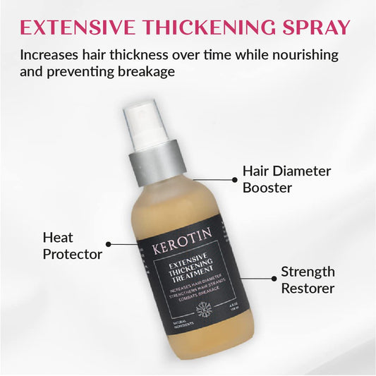 Kerotin Hair Thickening Spray mist on hair adds visible volume.