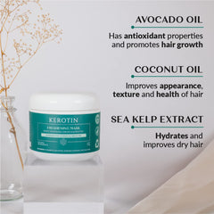 K Kerotin Keratin Freshening Mask ingredient close-up featuring coconut and avocado oils.