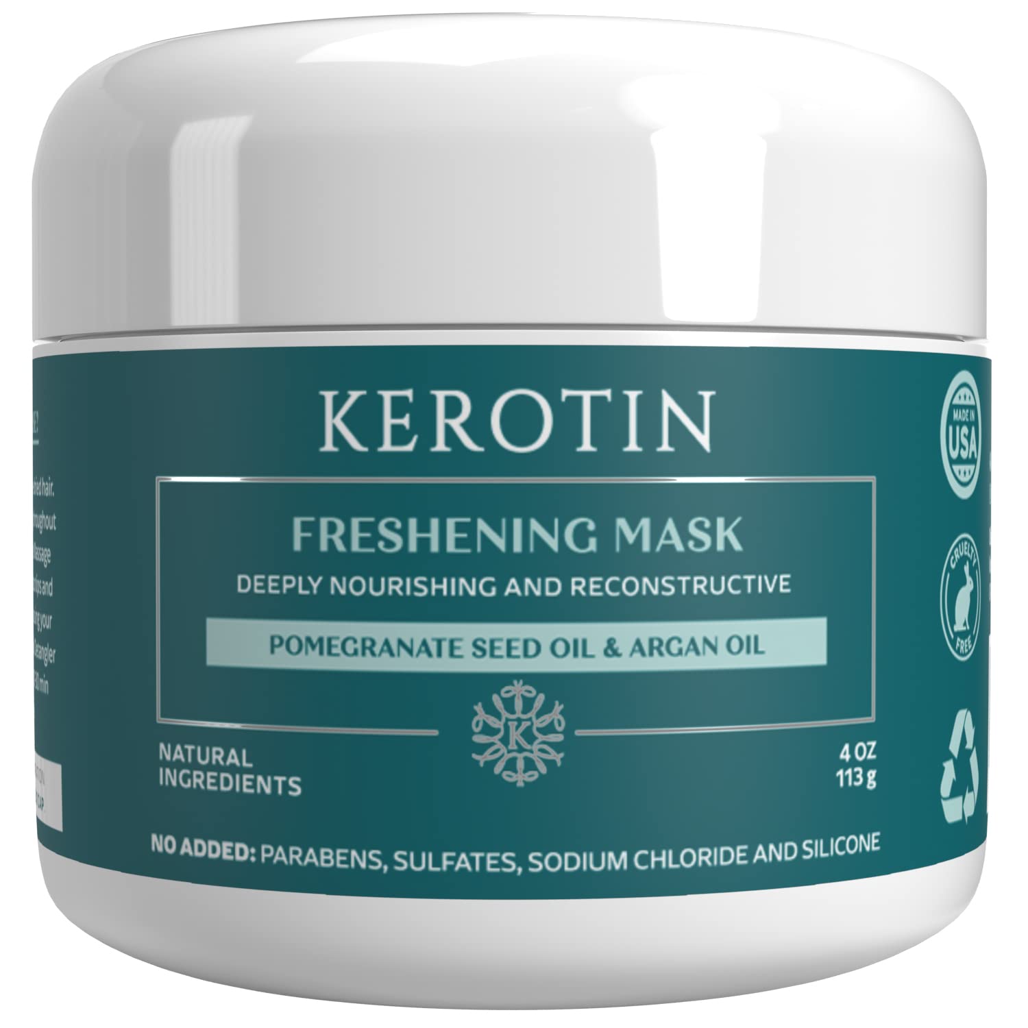 K Kerotin Keratin Freshening Mask packaging shows a natural formula for healthier-looking hair.