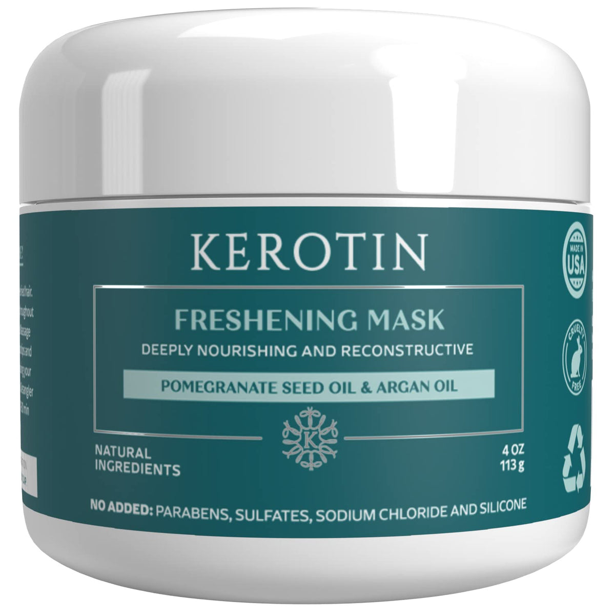 K Kerotin Keratin Freshening Mask packaging shows a natural formula for healthier-looking hair.