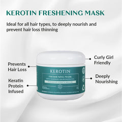 K Kerotin Keratin Freshening Mask on towel-dried hair emphasizes deep conditioning without heaviness.
