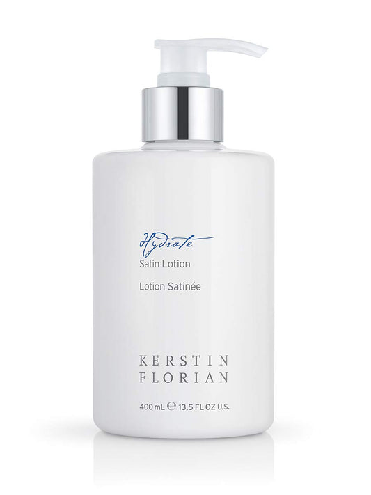 Kerstin Florian Satin Lotion bottle on a bathroom shelf, ready for daily hydration.