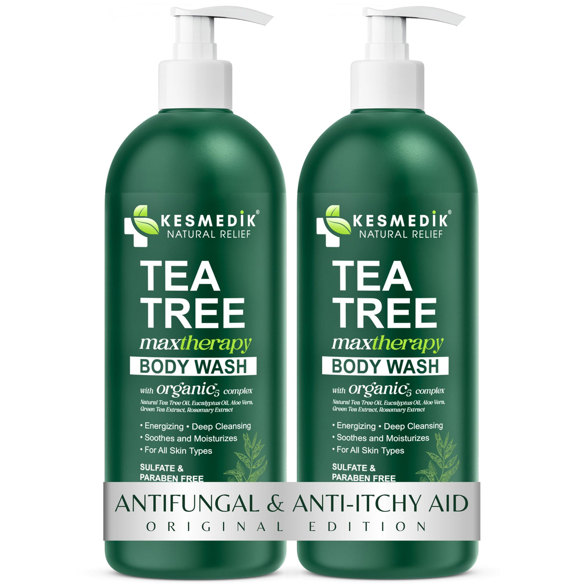 KESMEDIK Tea Tree Body Wash bottle ready for daily cleansing and itch relief.