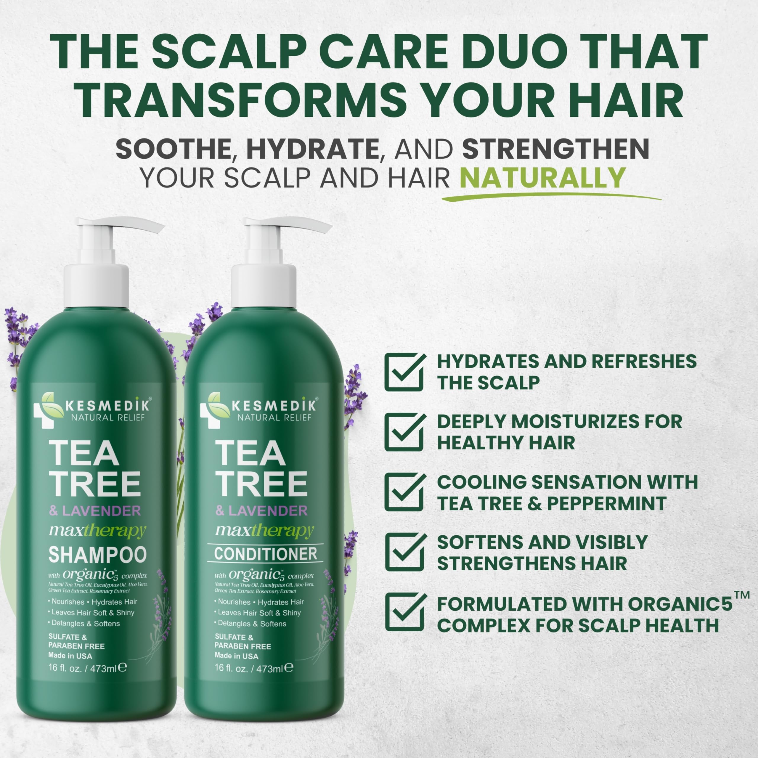 KESMEDIK Tea Tree Lavender Conditioner bottle delivering lightweight moisture for smooth hair