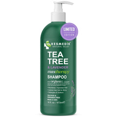 KESMEDIK Tea Tree Lavender Shampoo bottle highlights a sulfate-free formula for all hair types.