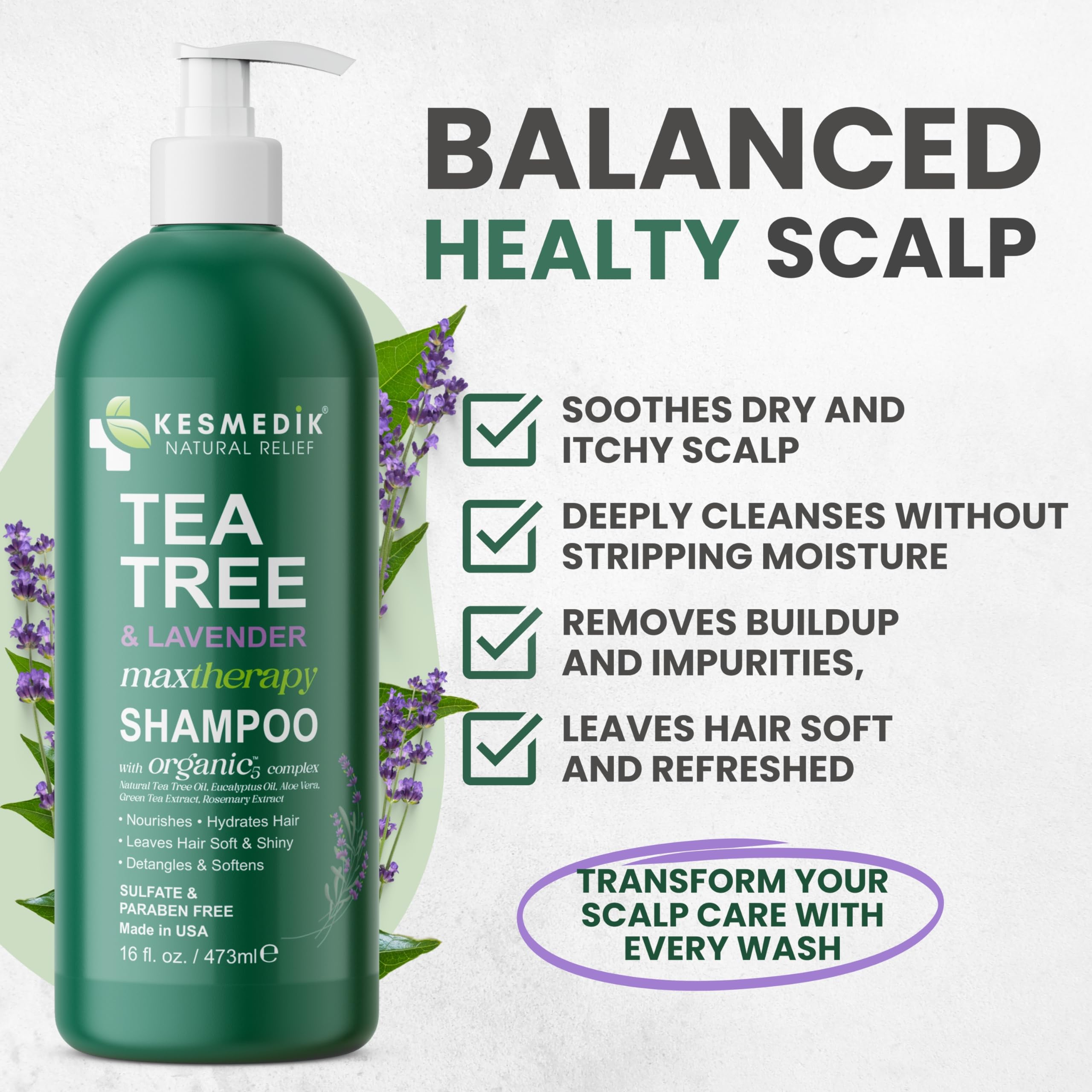 Pour the KESMEDIK shampoo from the bottle, revealing a refreshing, minty cleanse.