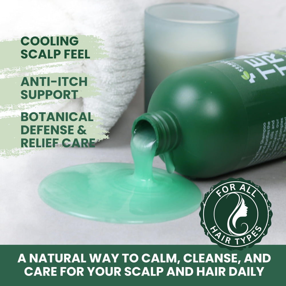 Tea tree oil highlight on the bottle suggests clarifying action for the scalp.