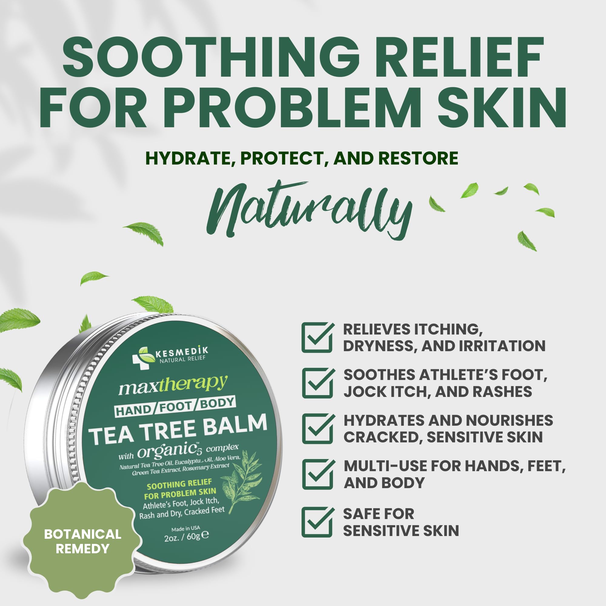 KESMEDIK Tea Tree Oil Balm jar opened showing creamy texture for irritated skin relief
