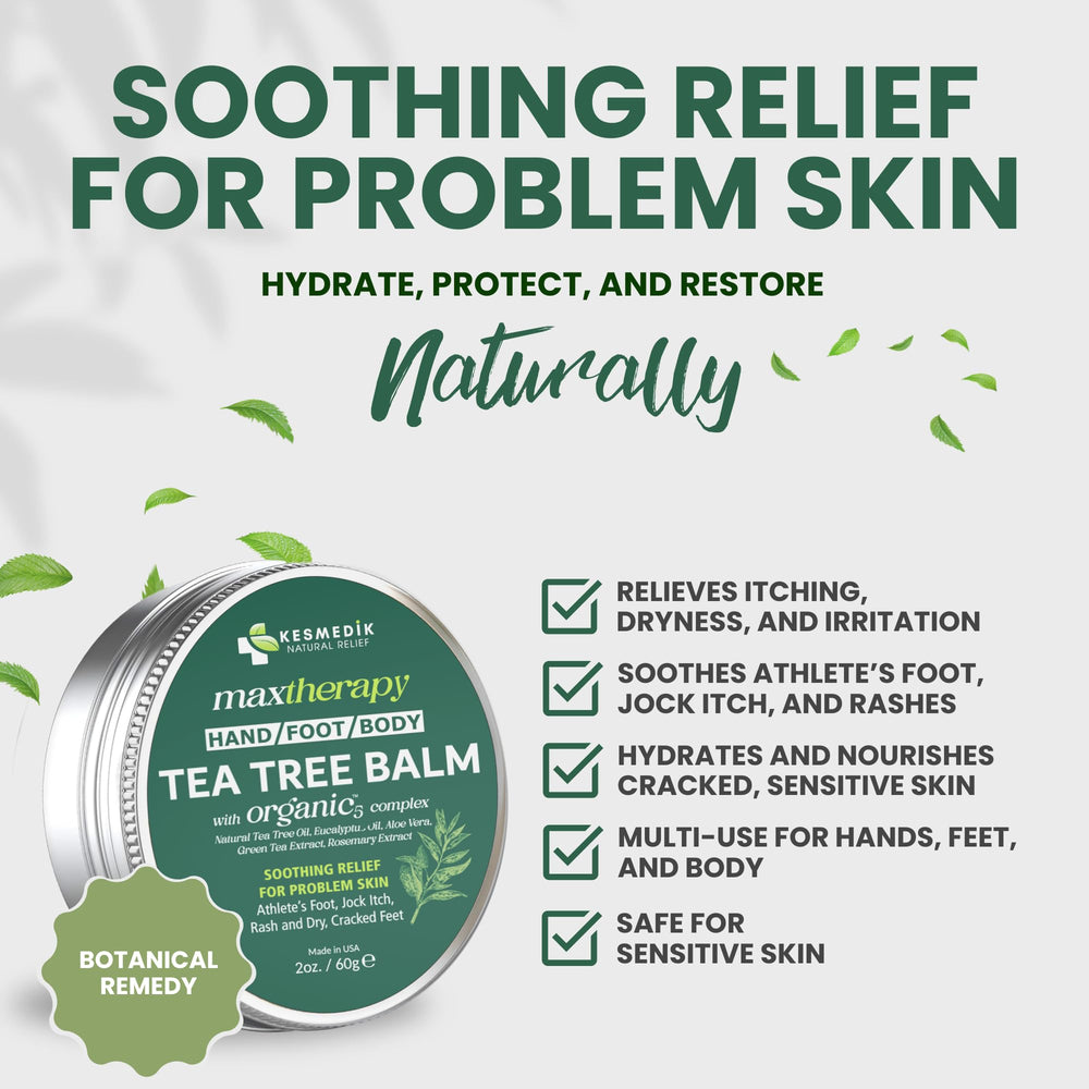 KESMEDIK Tea Tree Oil Balm jar opened showing creamy texture for irritated skin relief