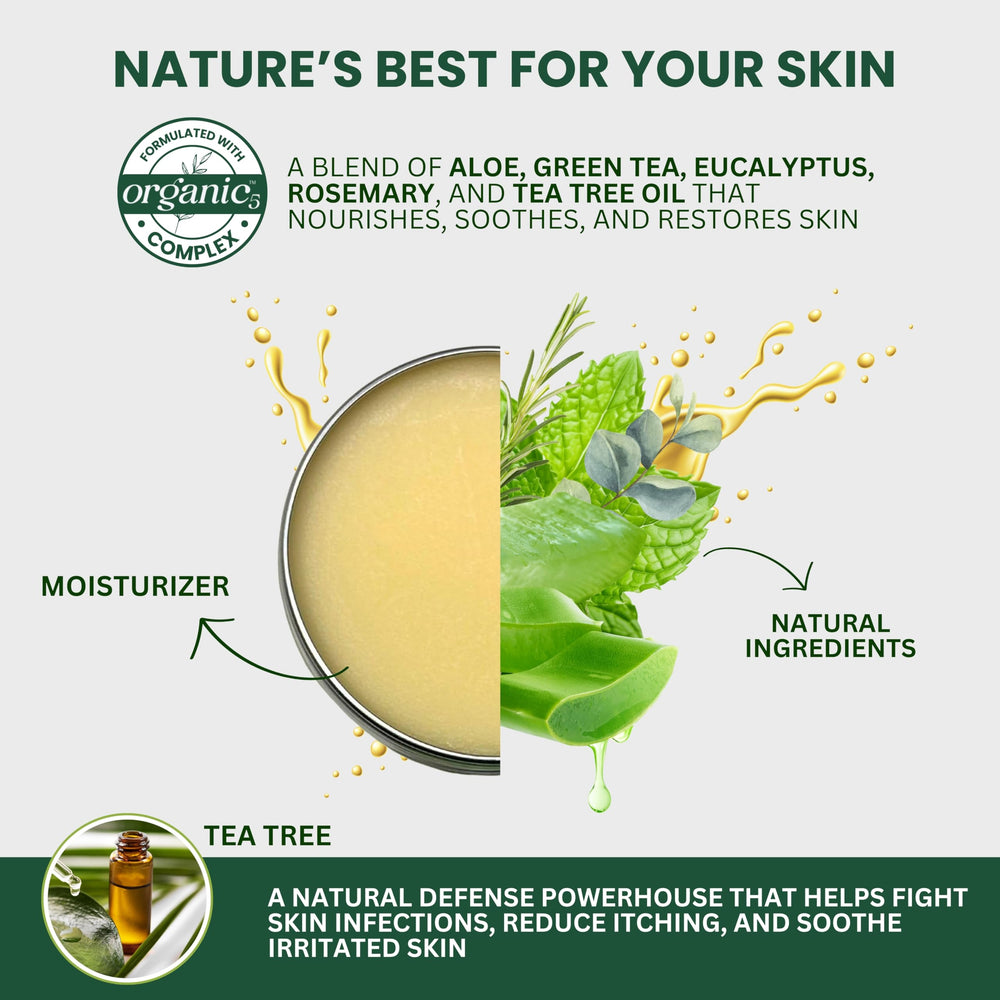 Close-up of KESMEDIK Tea Tree Oil Balm label highlighting organic ingredients