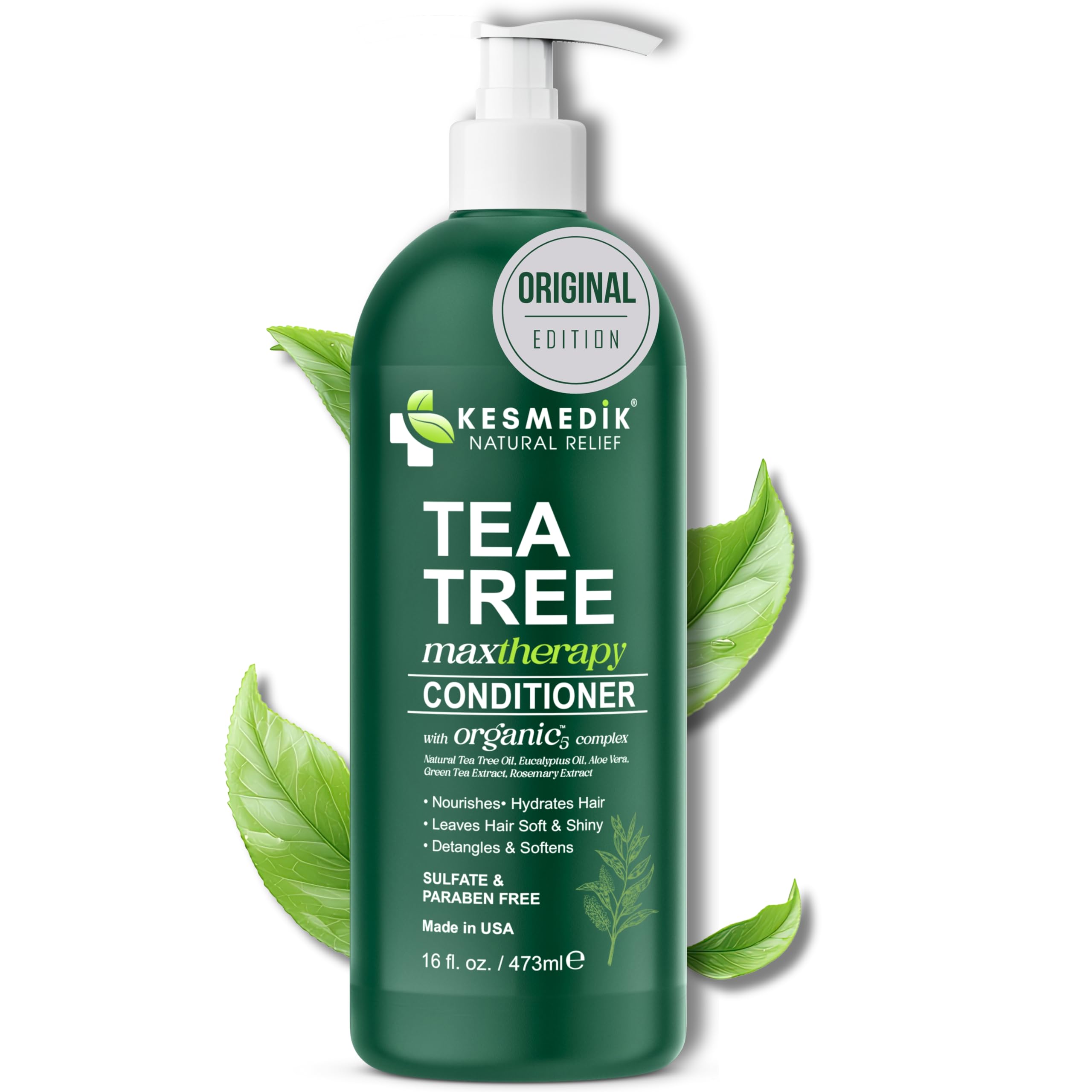 KESMEDIK Tea Tree Oil Conditioner bottle with hydrating formula for smoother hair.