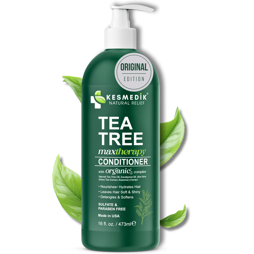 KESMEDIK Tea Tree Oil Conditioner bottle with hydrating formula for smoother hair.