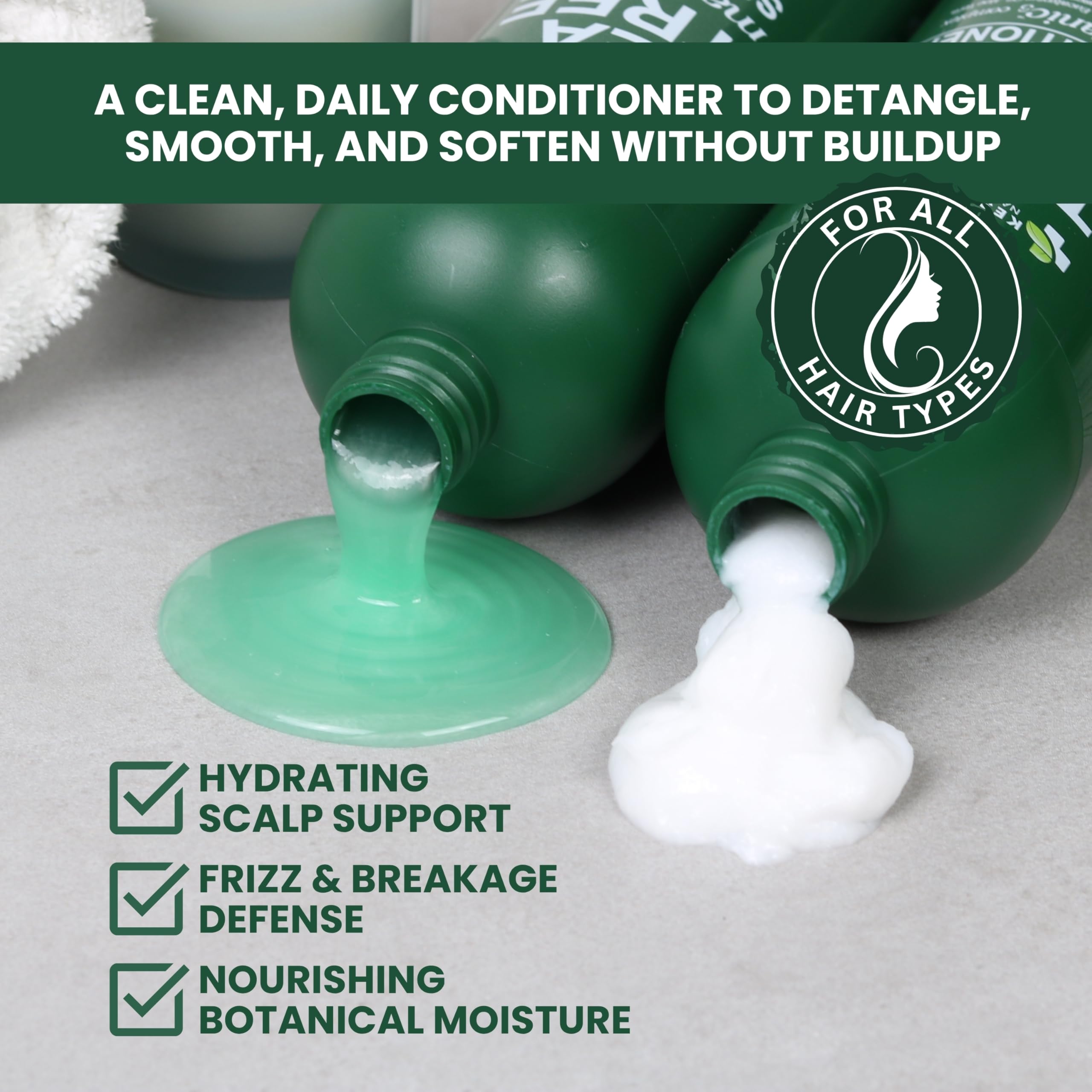 KESMEDIK Tea Tree Oil Conditioner pump bottle demonstrating even product distribution.