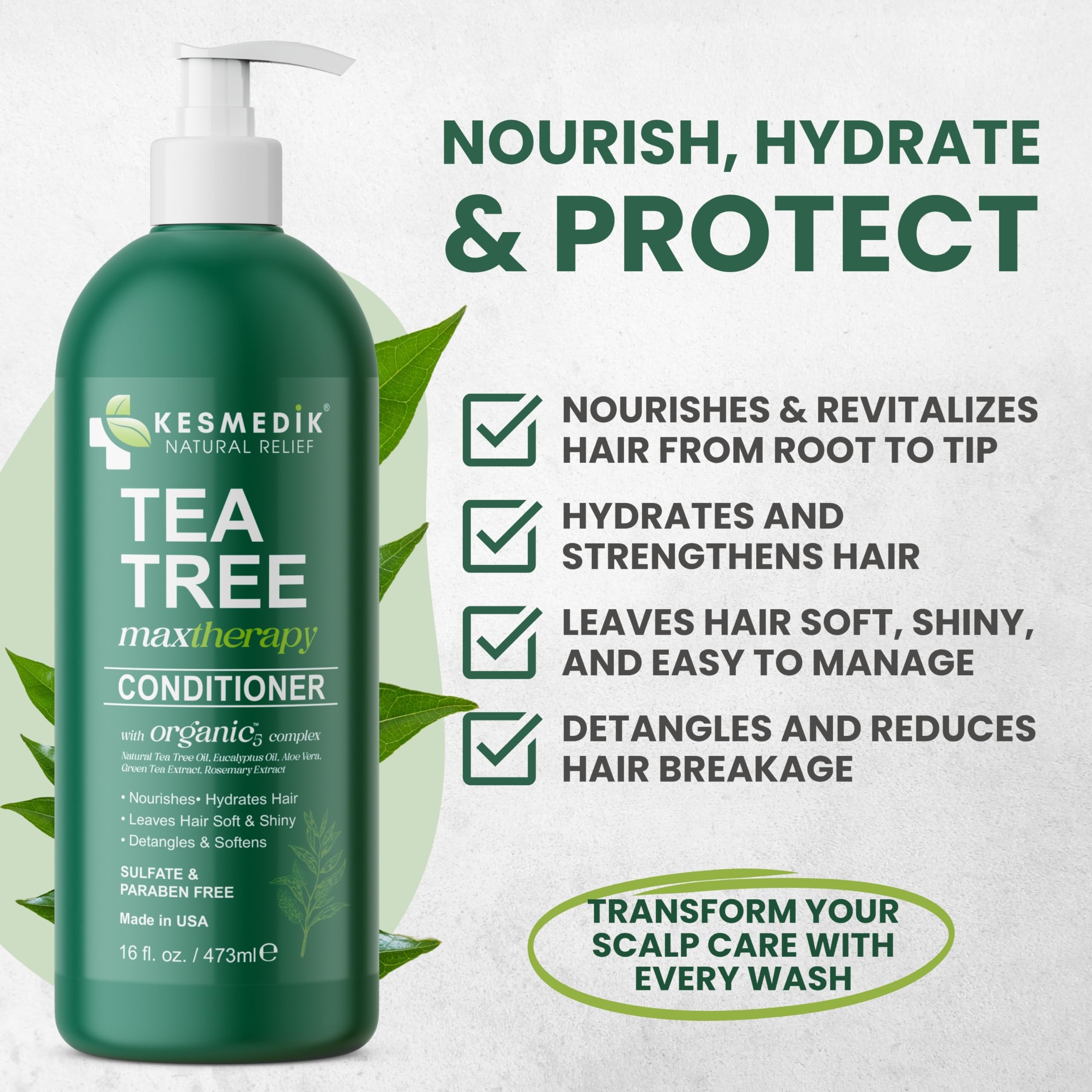 KESMEDIK Tea Tree Oil Conditioner label close-up highlighting Organic-5 Complex for scalp refreshment.
