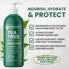 KESMEDIK Tea Tree Oil Conditioner label close-up highlighting Organic-5 Complex for scalp refreshment.