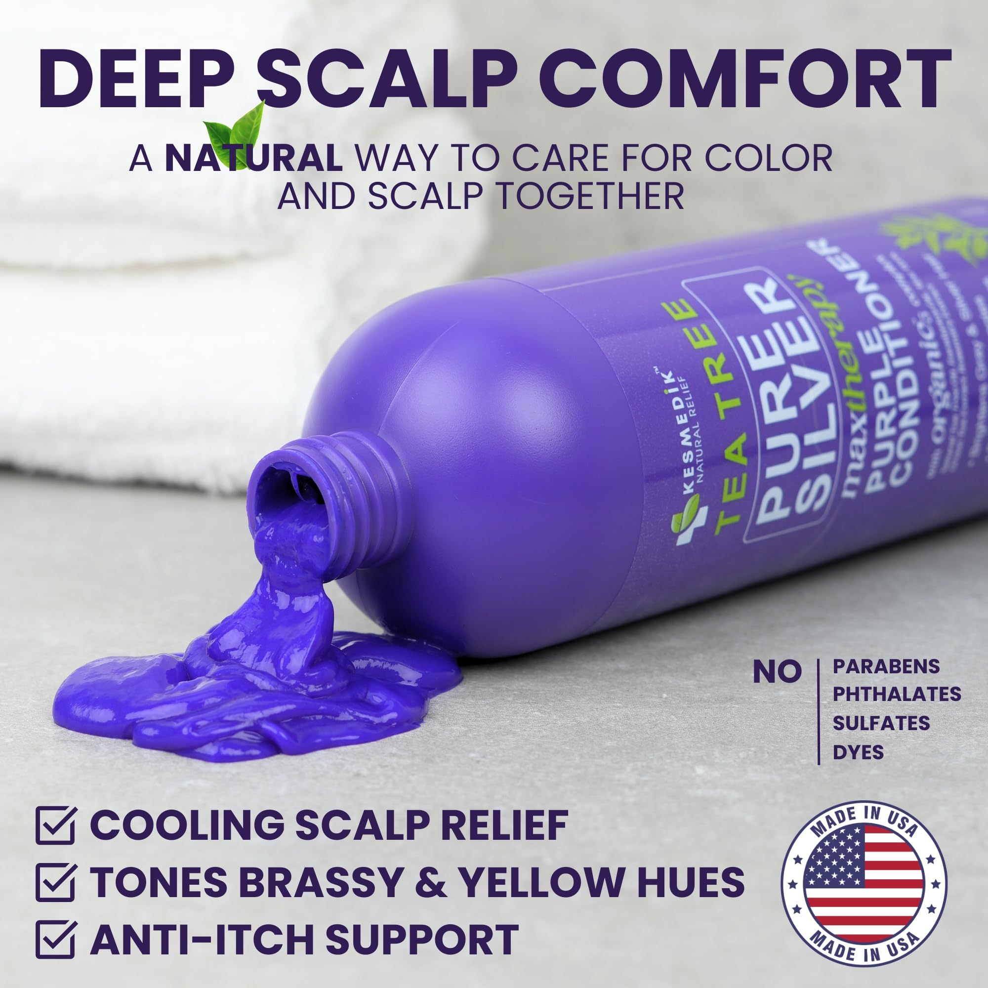 KESMEDIK Tea Tree Purple Conditioner on hair reveals silky shine and softness