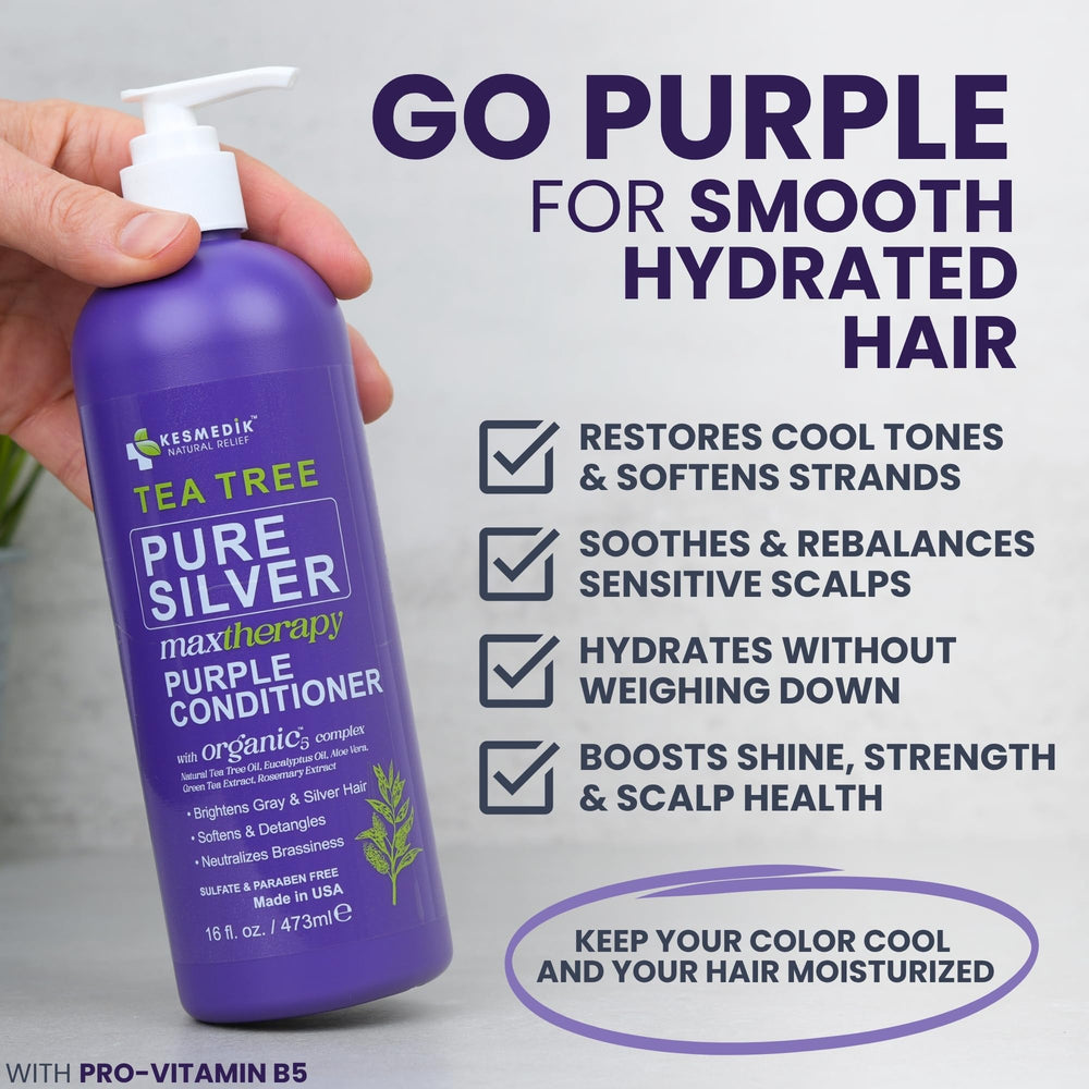 KESMEDIK Tea Tree Purple Conditioner pump closeup highlighting creamy, color-safe conditioning