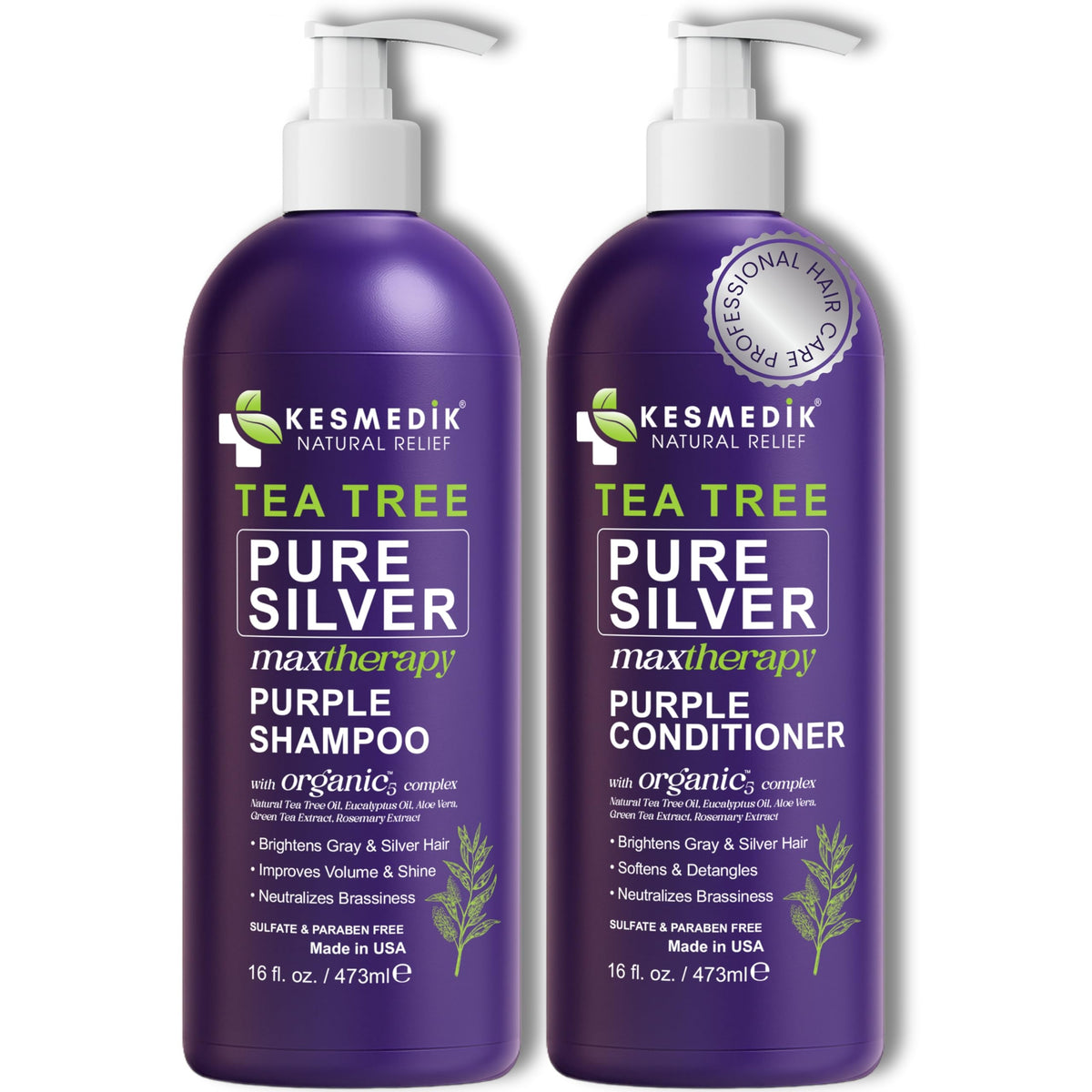 KESMEDIK Tea Tree Purple Shampoo bottle front view neutralizes yellow tones