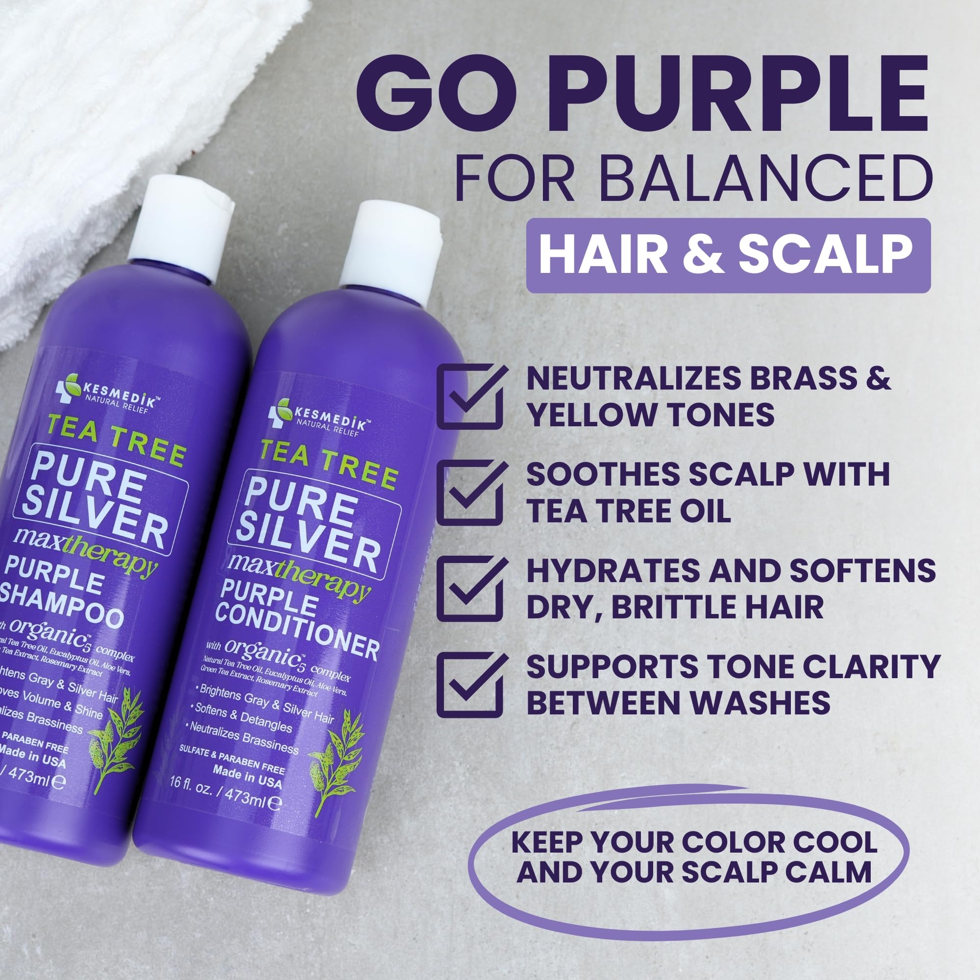 KESMEDIK Tea Tree Purple Shampoo ingredients with Tea Tree Aloe and Rosemary refresh the scalp