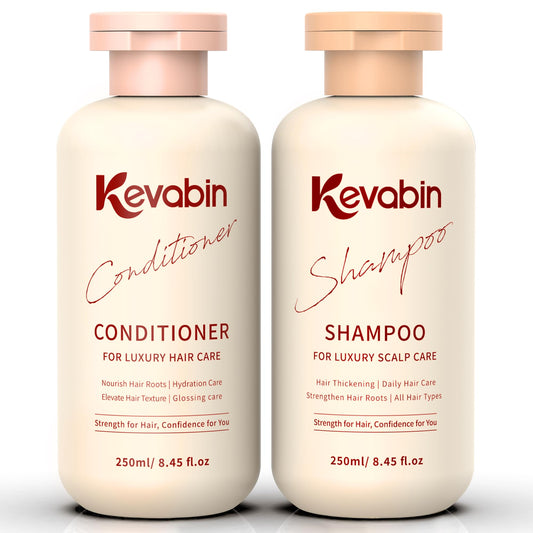 Kevabin rosemary shampoo bottle highlights a natural formula for a fuller-looking head of hair.