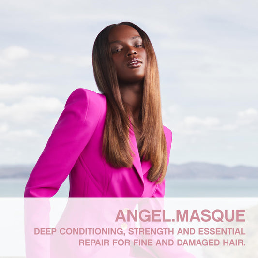 Angel.Masque being spread through hair to illustrate rich moisture and shine potential.