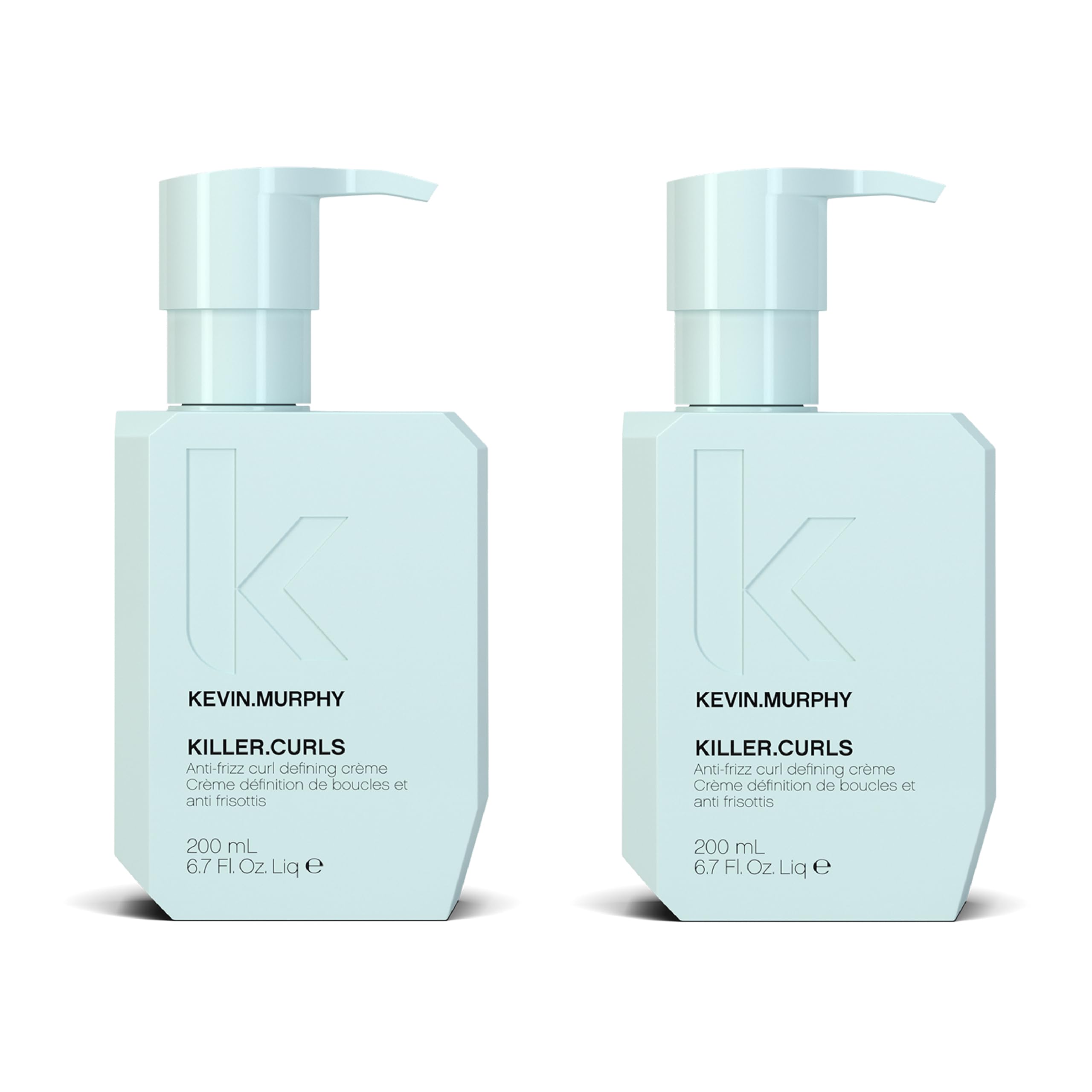 Kevin.Murphy Killer.Curls leave-in cream bottle on a shelf emphasizes frizz control and curl activation.