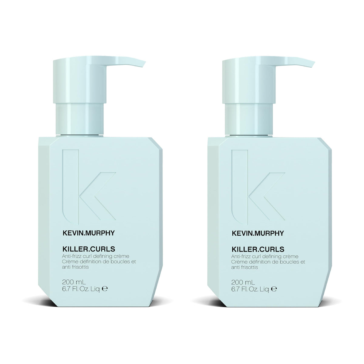 Kevin.Murphy Killer.Curls leave-in cream bottle on a shelf emphasizes frizz control and curl activation.