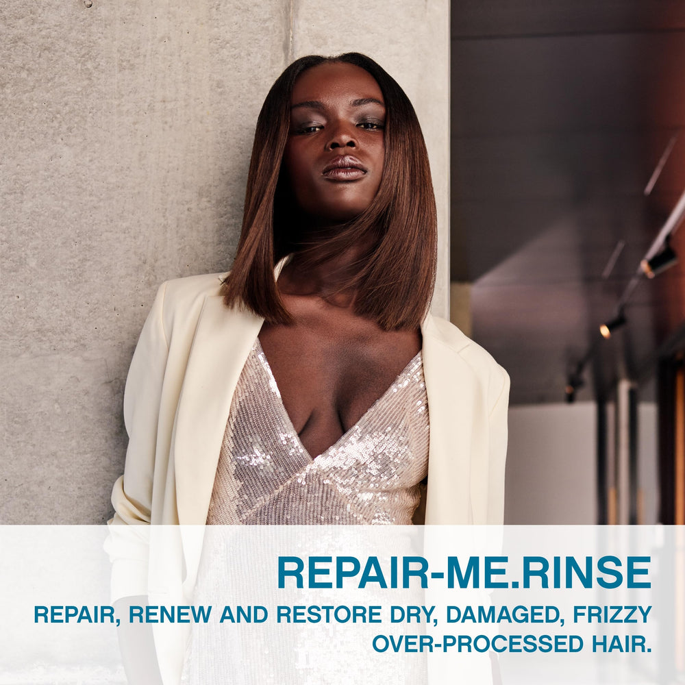 Repair-Me.Rinse application pump demonstrates easy conditioning for dry, frizzy hair.