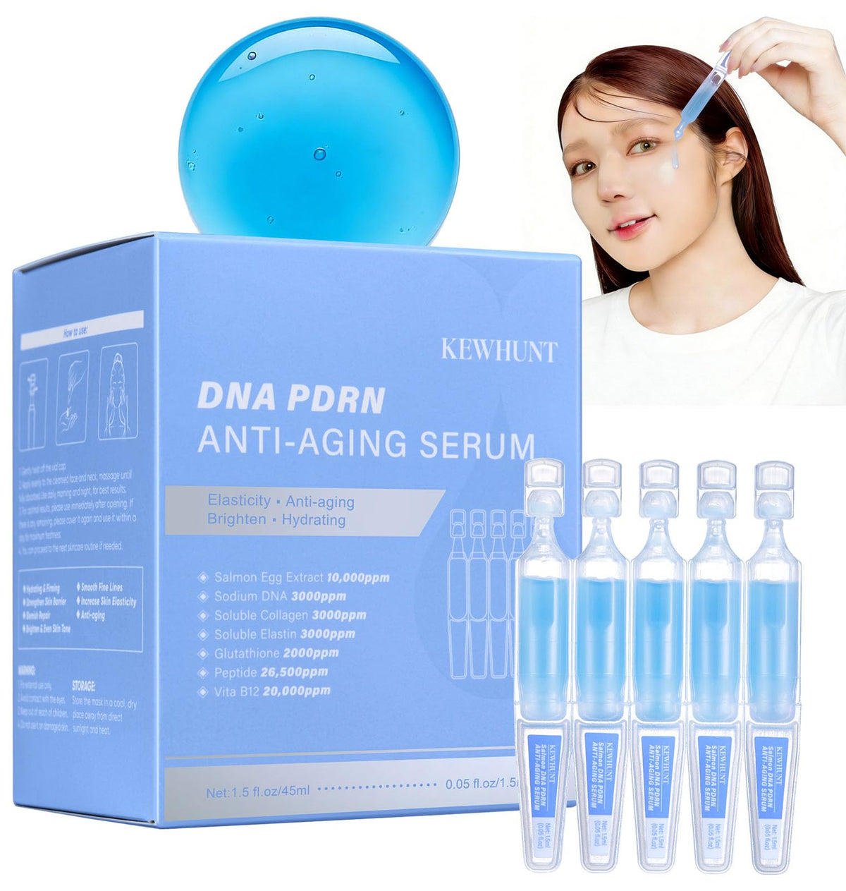 Kewhunt Salmon DNA PDRN serum bottle highlighting quick absorption and radiant skin benefits.