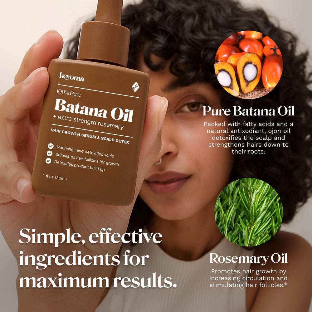 Keyoma Batana Oil treatment illustrating deep nourishment for dry ends.