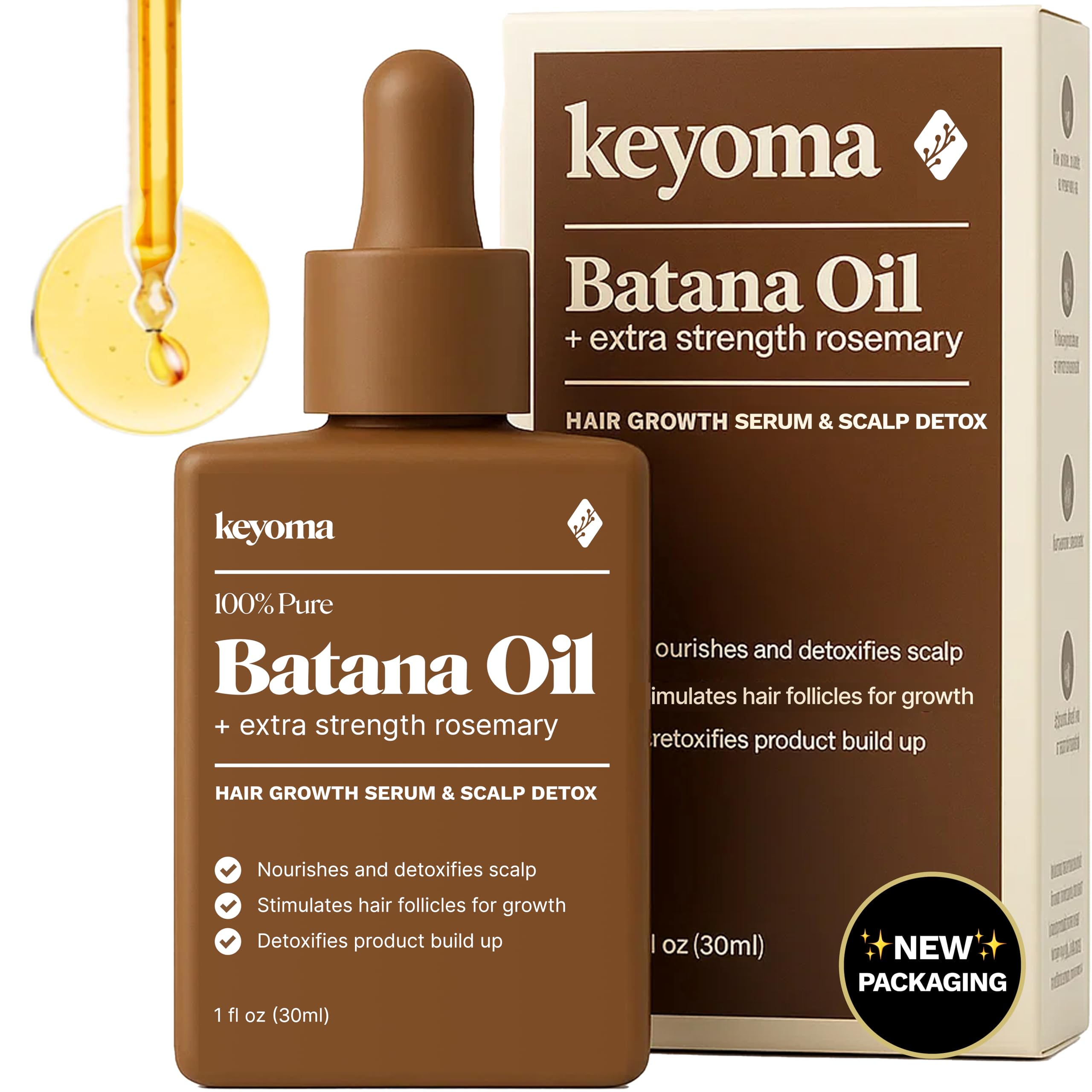 Keyoma Batana Oil with Rosemary bottle shows nourishing oil for healthier hair.