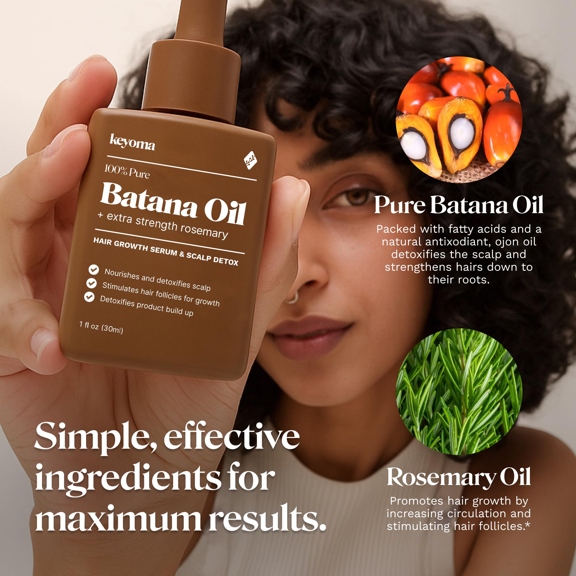 Keyoma Batana Oil with Rosemary beside color-treated hair signals gentle nourishment.