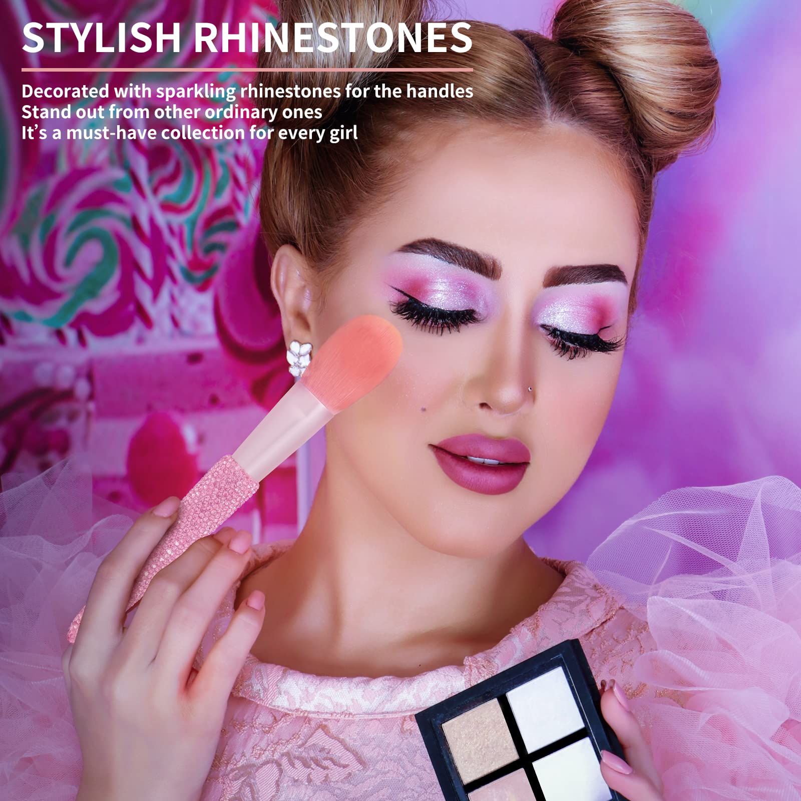 KEYPOWER pink rhinestone brushes shimmer on camera and in daily routines