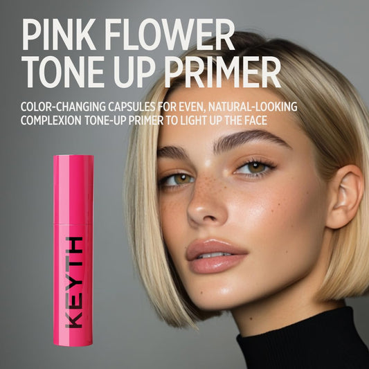 Keyth Pink Flower Tone Up Primer color-changing capsules demonstrating adaptive brightness for a fresh look