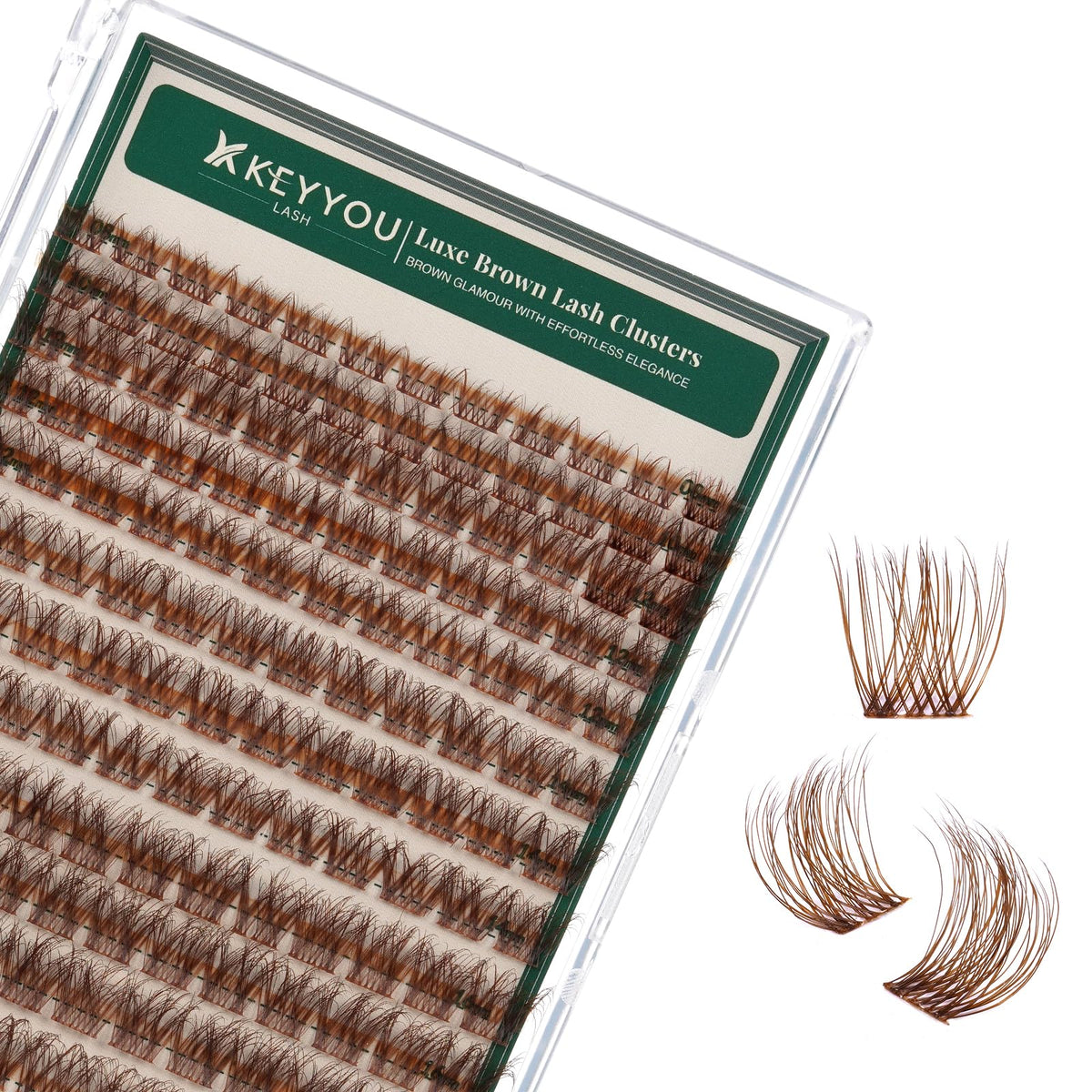 KEYYOU Brown Lash Clusters 144pcs tray close-up for easy at-home DIY lash creation.